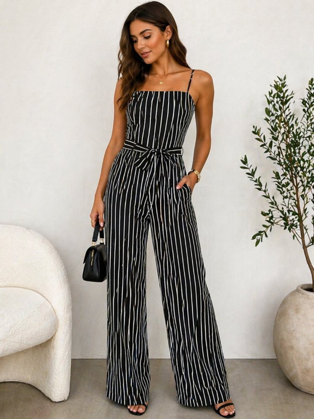 Striped Wide Leg Jumpsuit Black White Tie Waist Stretch Elegant